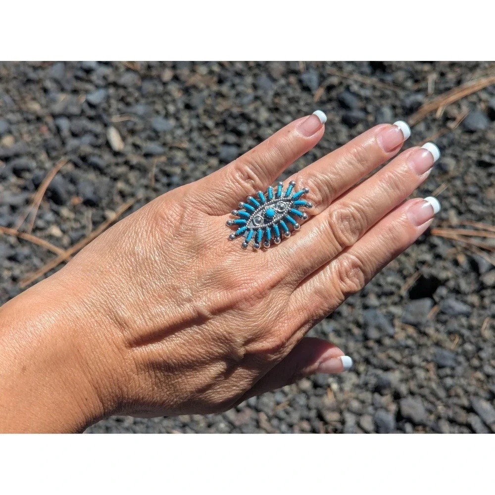 Zuni Ring Turquoise Cluster Auth Native American Handmade Jewelry sz 9.5 **‎